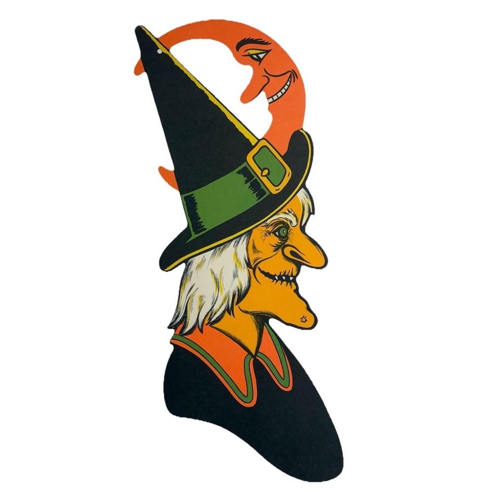 Vintage Beistle Witch & Moon Halloween Die Cut Decoration Double Sided USA 23"